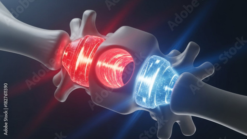 Anatomical spine illustration highlighting red and blue sections of the vertebral column structure
