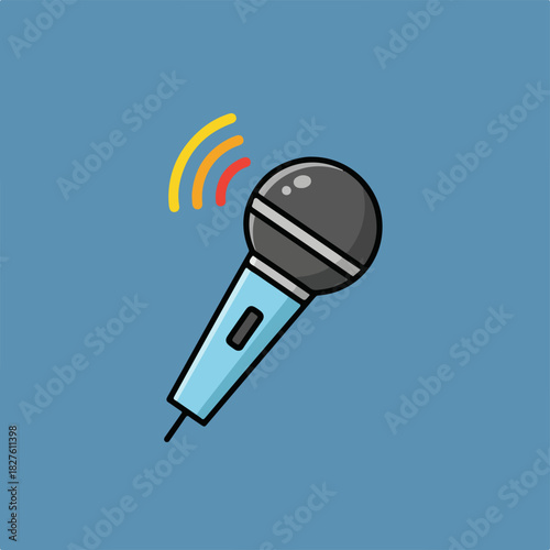 Cartoon style microphone with sound waves symbol. Simple flat vector illustration for music, podcast, interview, or karaoke concept on an isolated background