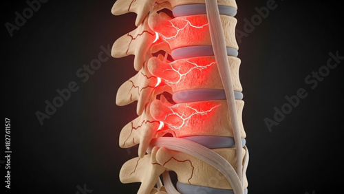 Anatomical representation of the human spine with visible nerve pain highlighted in red color display