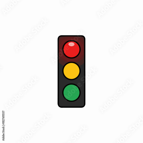 Vibrant cartoon illustration of a vertical traffic light displaying red, yellow, and green signals simultaneously, symbolizing traffic control, safety, and the essential regulation of urban movement
