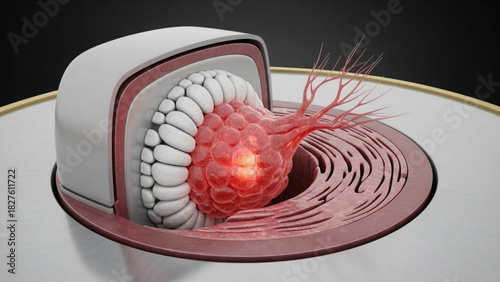 Detailed cross section of a gland showing internal structures and blood vessels in a medical context