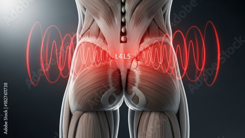Anatomical illustration showing the lower back muscles and l4 l5 vertebrae with pain indication