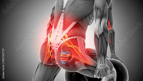 Anatomical illustration showing lower back, hip, and arm pain with highlighted areas in red color
