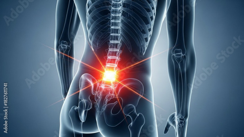 Human anatomy showing lower back pain with spine and pelvis highlighted in red and radiating light