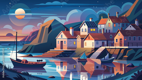 Very beautiful coastal scene featuring a serene moonrise over the fishing village of Staithes, North Yorkshire, with quaint harbor buildings, calm reflective waters, and soft moonlight casting a peace