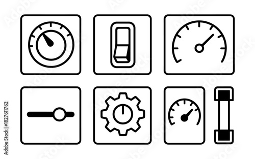 Minimalist dashboard icons: speedometers, switches, and controls in black and white