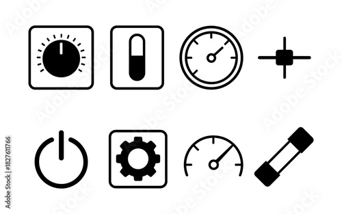 Minimalist black and white interface icons for controls and settings