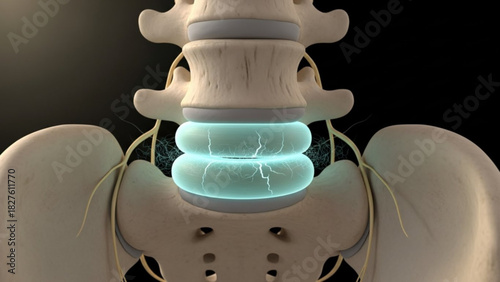 Anatomical model showing the spine and pelvis with a glowing intervertebral disc indicating pain