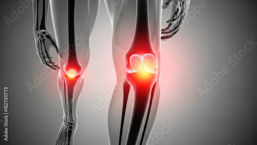Anatomical rendering of human legs highlighting knee joint pain with red glow effect on the knees