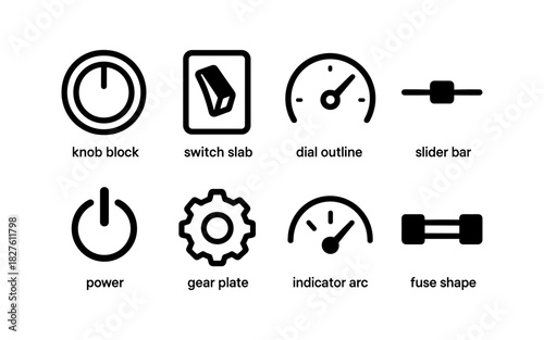 Minimalist black and white icon set featuring knobs, switches, and gauges