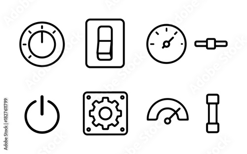 Minimalistic control icons set: volume, switch, power, gear, meter, slider