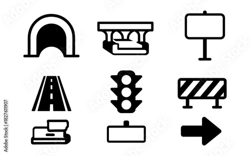 Traffic and roadway icons set in black and white design for urban planning
