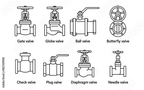 Detailed line art of various valves for industrial use