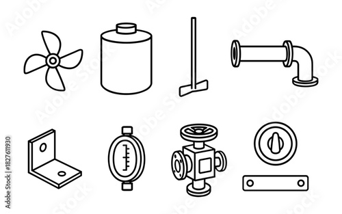 Industrial icons set: linear style equipment and tools for engineering and manufacturing