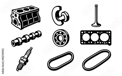 Monochrome car engine components: gasket, piston, valve, spark plug, belt, and more