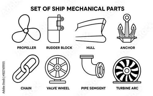 Marine components collection: propeller, rudder block, hull, anchor, chain, valve wheel, pipe segment, turbine arc