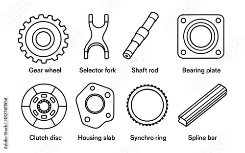 Set of automotive engine parts in minimal line art style for technical diagrams