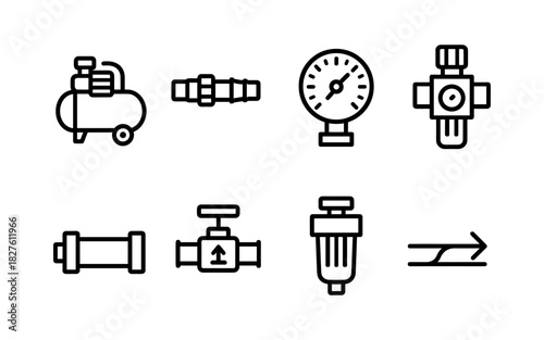 Industrial icons set featuring compressor, gauge, valve, and piping elements in linear style