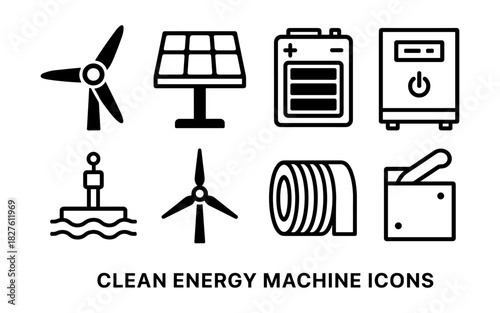 Clean energy icons set featuring wind turbine, solar panel, battery, and hydroelectric symbols