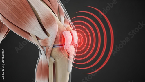 Anatomical knee joint showing muscles and bones with red radiating pain signals on a dark background