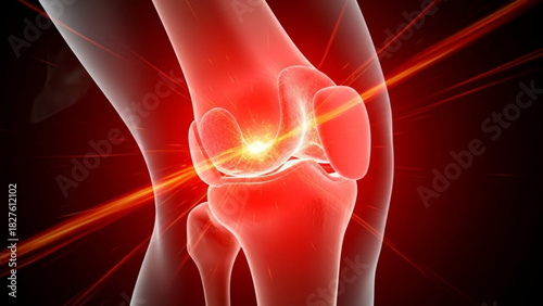 Red knee joint with radiating pain and inflammation highlighting potential medical conditions or injuries
