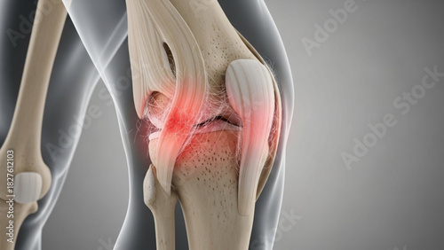 Illustration showing knee joint with red highlighting indicating pain and inflammation in the area