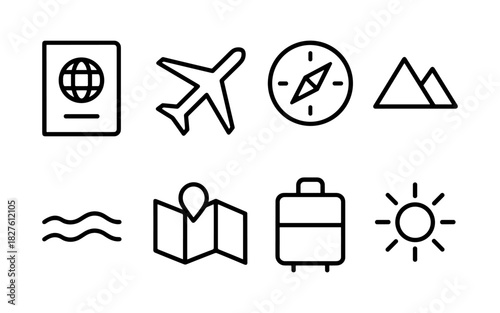 Minimalist travel icons set featuring adventure essentials and travel motifs