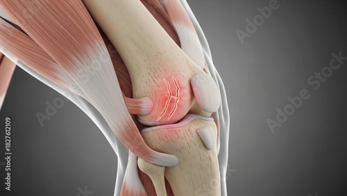 Anatomical view of a fractured knee joint with muscles and tendons highlighted in a medical illustration