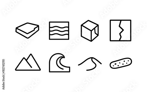 Minimalist geometric shape icons: symbolizing nature, waves, and mountains