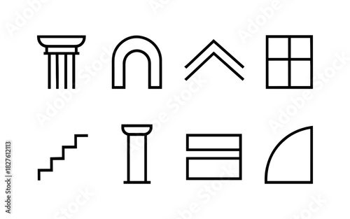 Minimalist linear architectural icons set featuring columns, archways, and windows