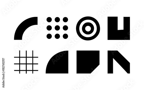 Minimalist geometric shapes set: modern black icons on white background