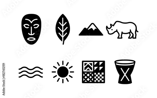 Bold african icon set featuring masks, nature, and cultural symbols in black and white