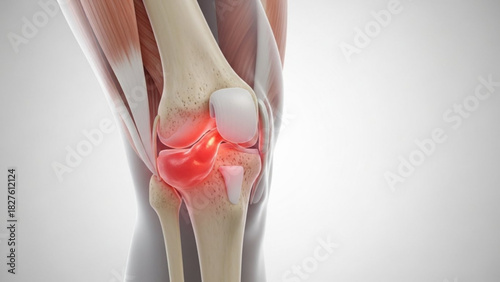Illustration showing a human knee joint with red highlighting indicating inflammation or pain area