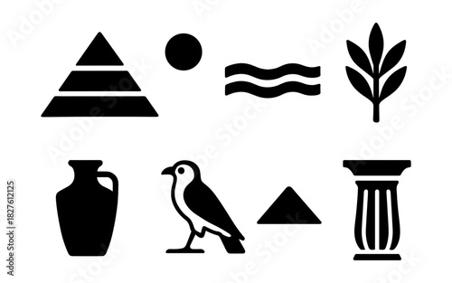 Ancient egyptian icons: pyramids, hieroglyphs, and symbols in black silhouette style