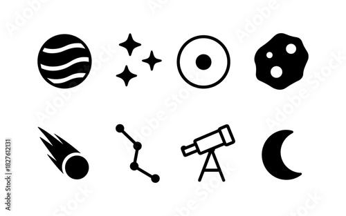 Celestial icons set featuring planets, telescope, constellation, and meteor symbols