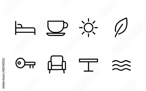 Minimalist icons for hospitality and nature: bed, coffee, sun, leaf, key, chair, table, waves