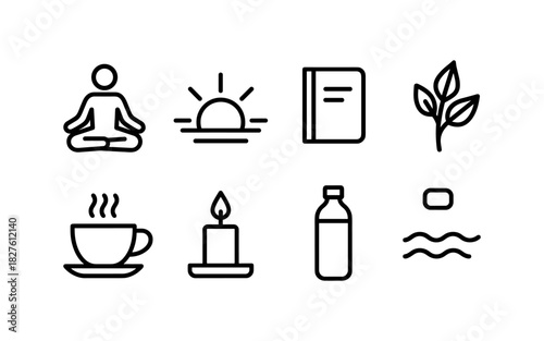 Minimalist wellness icons: yoga, sunrise, tea, and more for mindful living