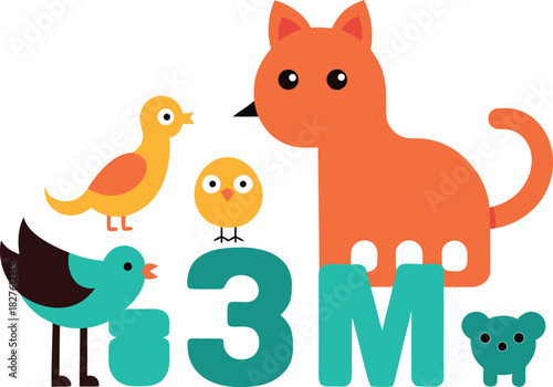 Cute mother cat with kittens and birds vector illustration animal family icon set