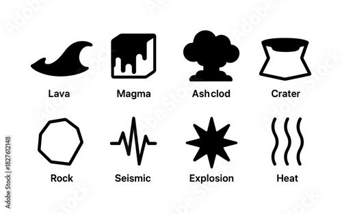 Natural disaster icons set featuring lava, magma, seismic waves, and heat