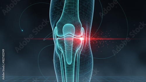 Anatomical illustration of a knee joint with a glowing red spot indicating pain and potential injury area