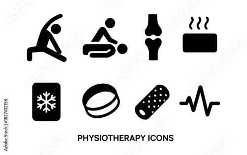 Set of physiotherapy icons: workout, massage, and healing symbols in black silhouette style
