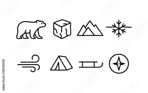 Minimalist line icons of polar, ice, mountains, and winter camping