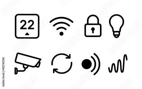 Smart home technology icons: security, connectivity, and automation in minimalist design
