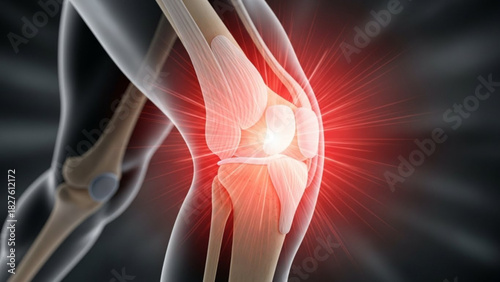 Illustration of a painful knee joint with radiating red light indicating inflammation and discomfort