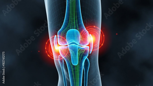 Knee joint illustration with inflammation highlighted in red on a dark background anatomy model