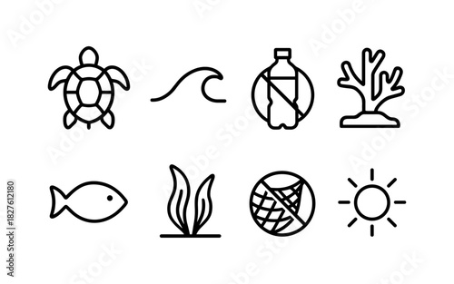 Simple icons highlighting marine conservation and environmental awareness