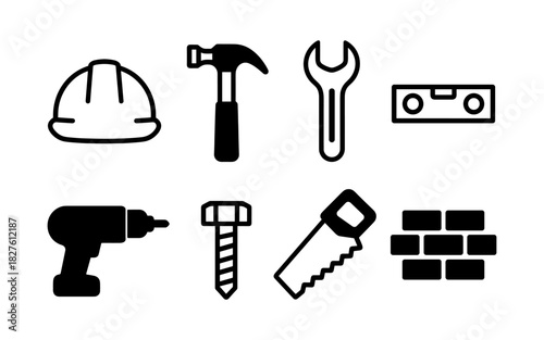 Construction tools icons set: hard hat, hammer, wrench, and more in simple design