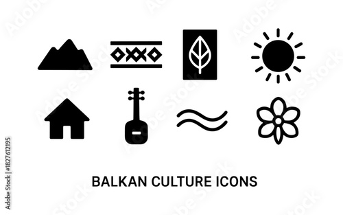Balkan cultural icons: traditional symbols and nature elements in minimalist style