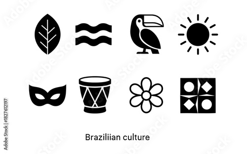 Icons celebrating brazilian culture: nature, wildlife, and festivity