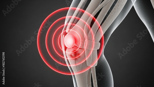 Illustration of a knee joint with red circles indicating pain or inflammation on a dark background